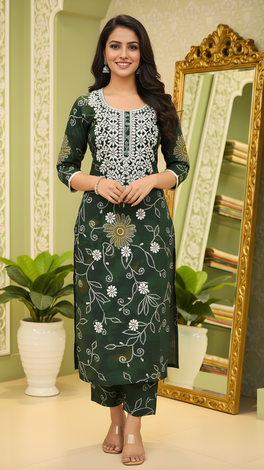 Dark Green Vatican Fabric Floral Embroidered Co-ord Set