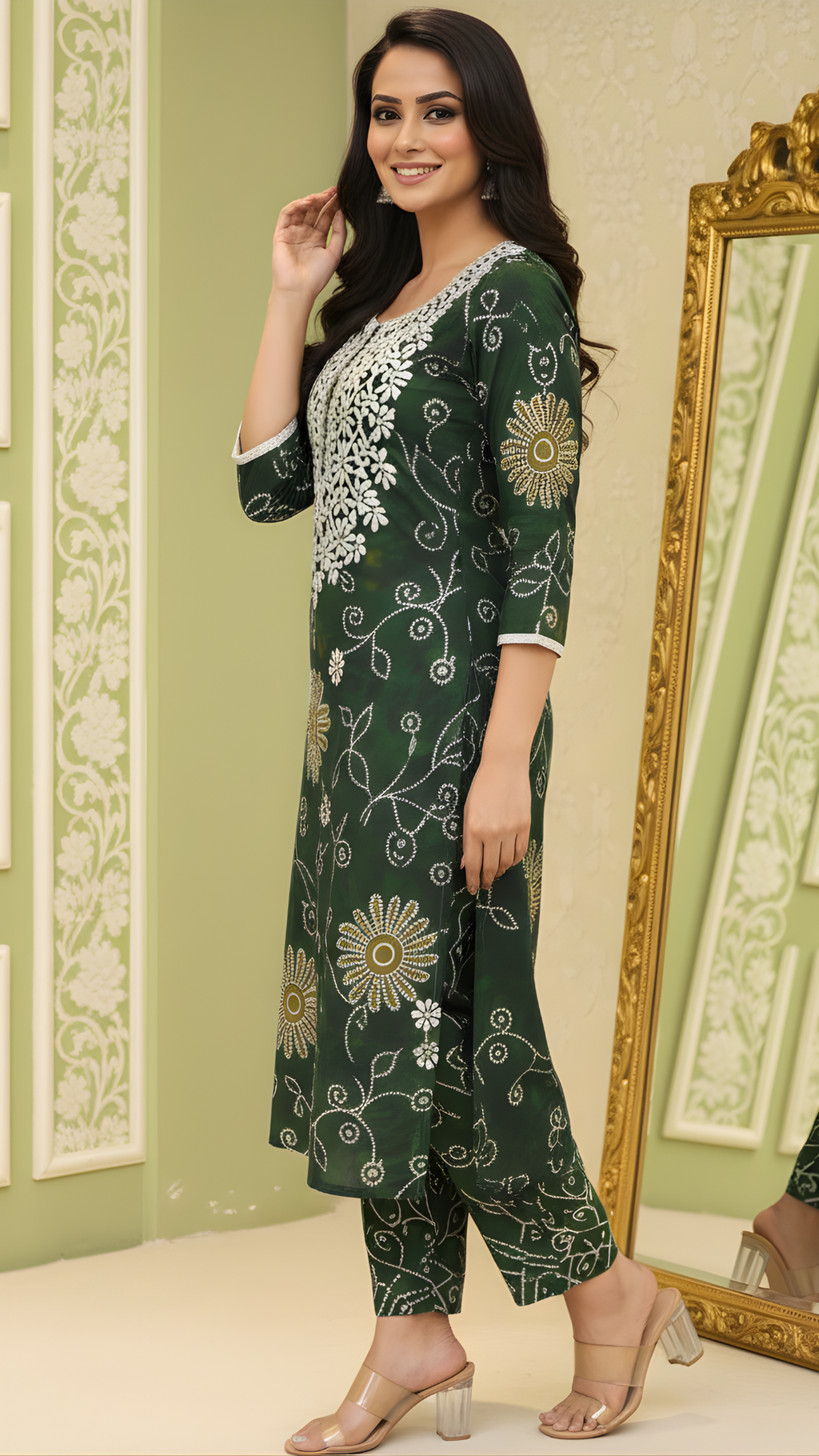 Dark Green Vatican Fabric Floral Embroidered Co-ord Set