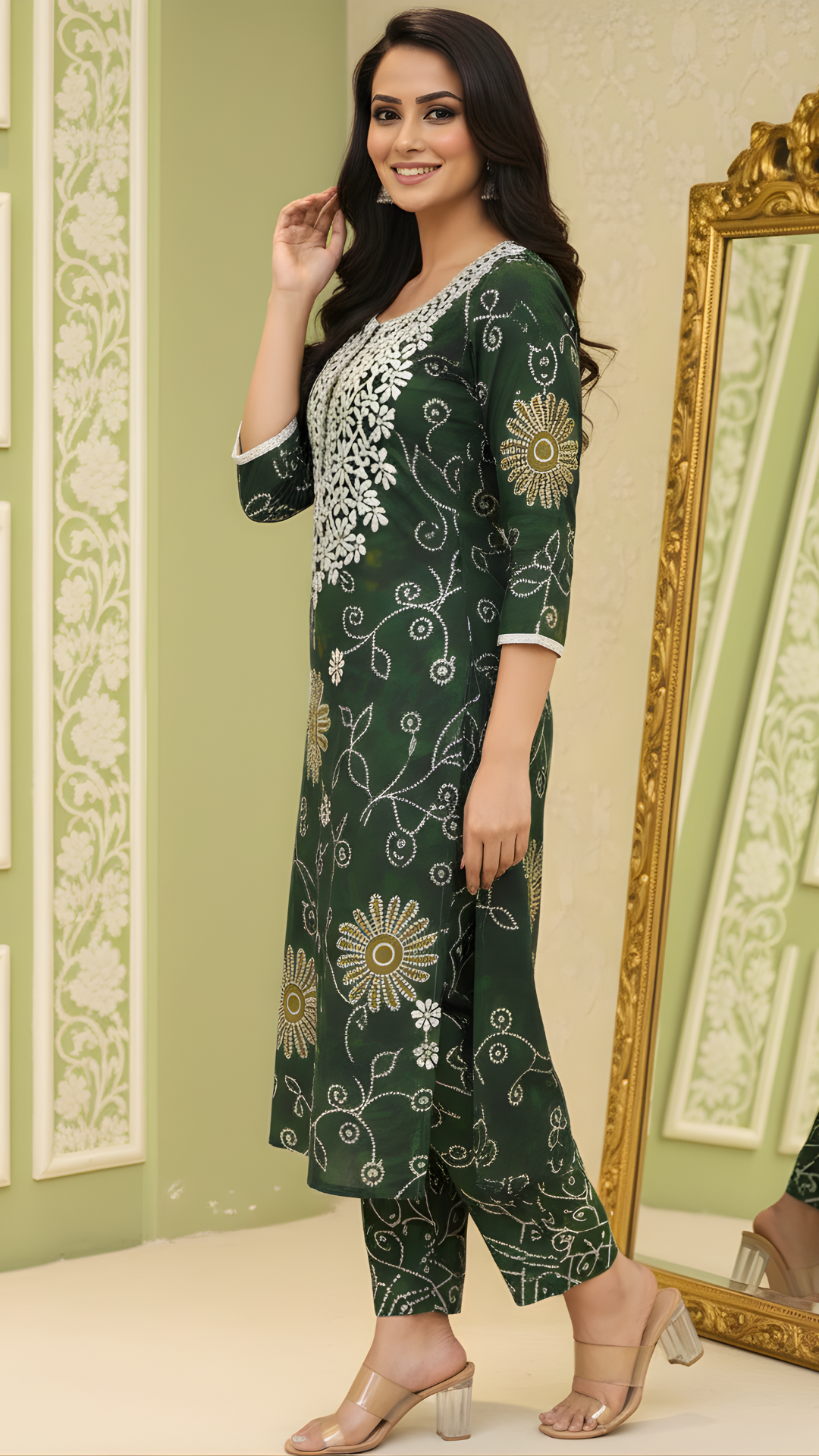 Dark Green Vatican Fabric Floral Embroidered Co-ord Set