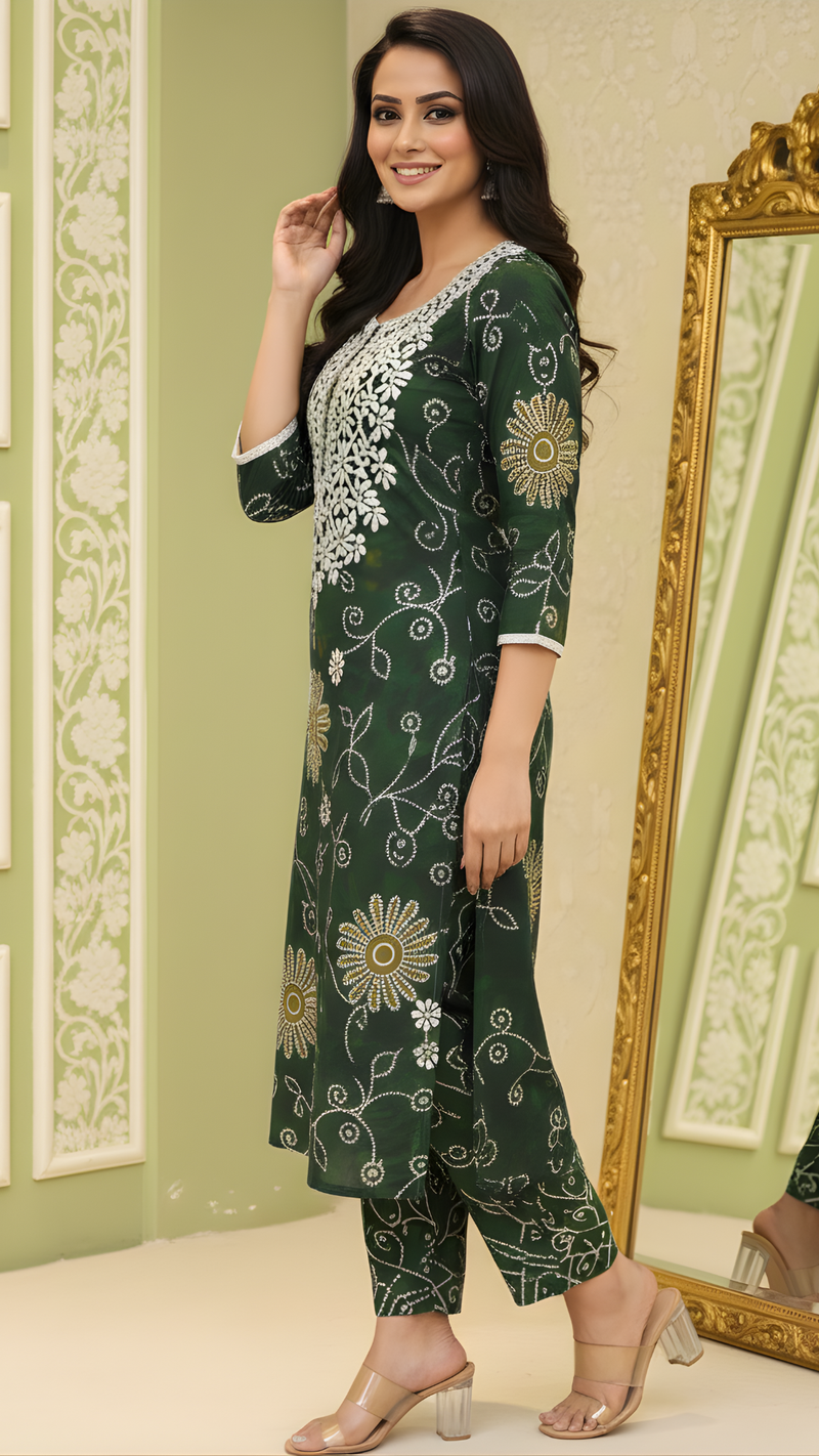 Dark Green Vatican Fabric Floral Embroidered Co-ord Set
