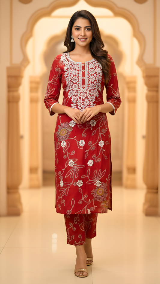 Deep Red Vatican Fabric Floral Embroidered Co-ord Set