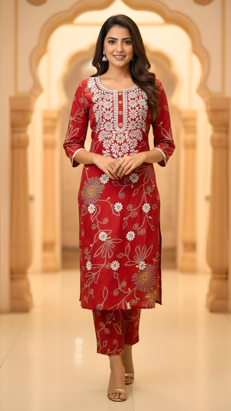 Deep Red Vatican Fabric Floral Embroidered Co-ord Set