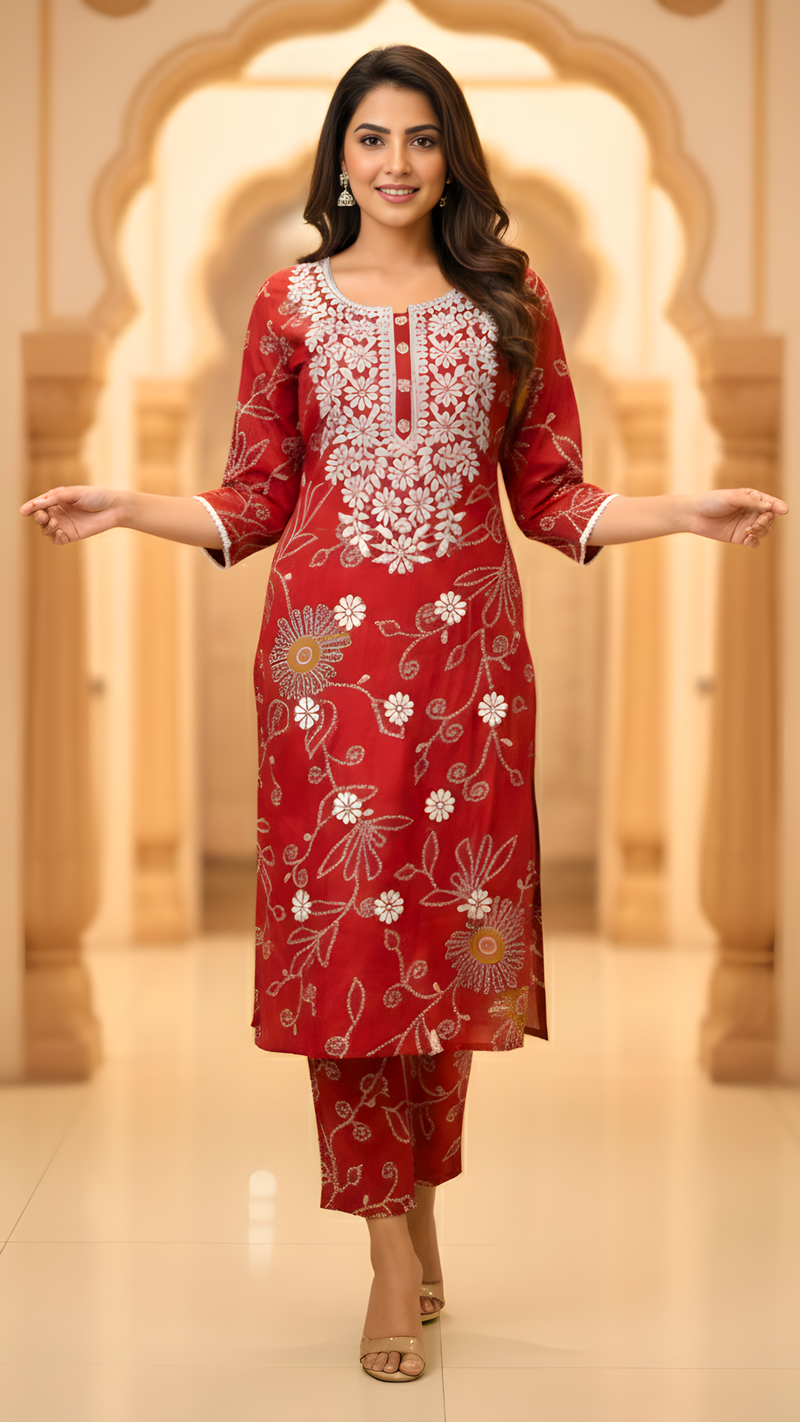 Deep Red Vatican Fabric Floral Embroidered Co-ord Set