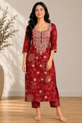 Crimson Chikankari Silk Co-Ord Set