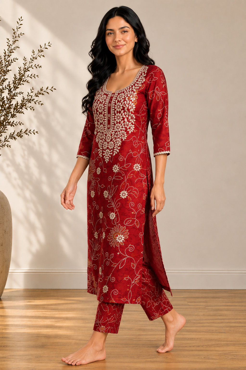 Crimson Chikankari Silk Co-Ord Set