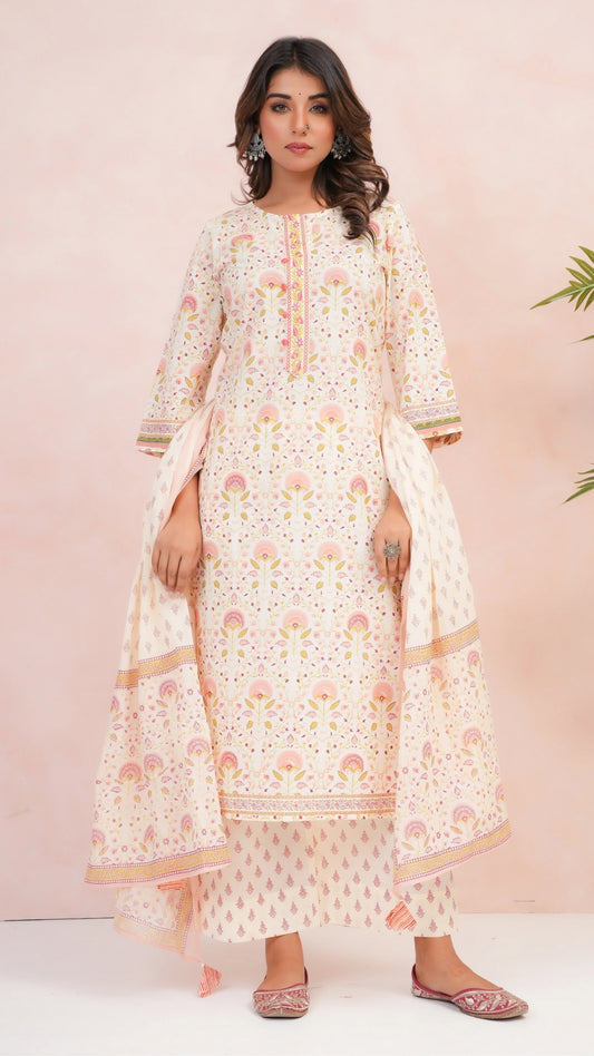 Peach Bloom Floral Kurta Set – 100% Cambric Cotton with Dupatta