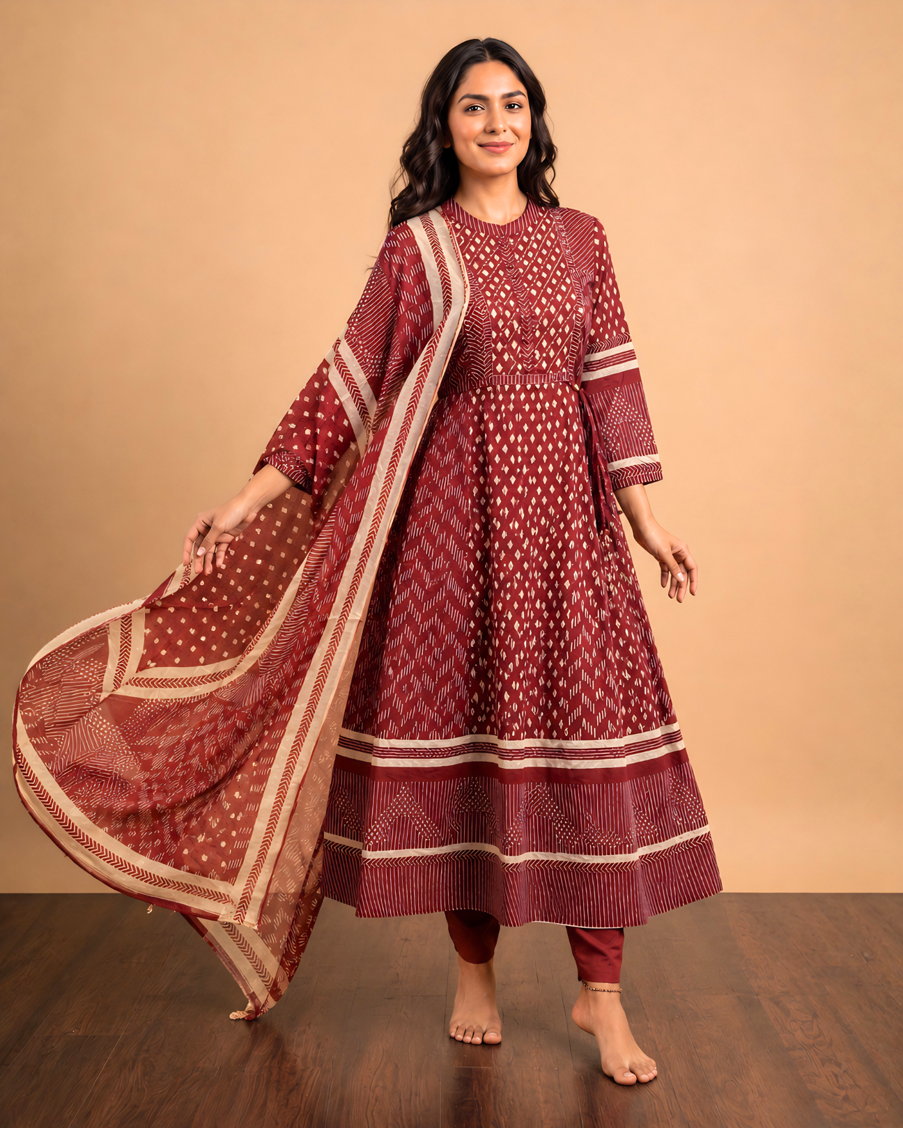 Rust Cambric Cotton Anarkali Set