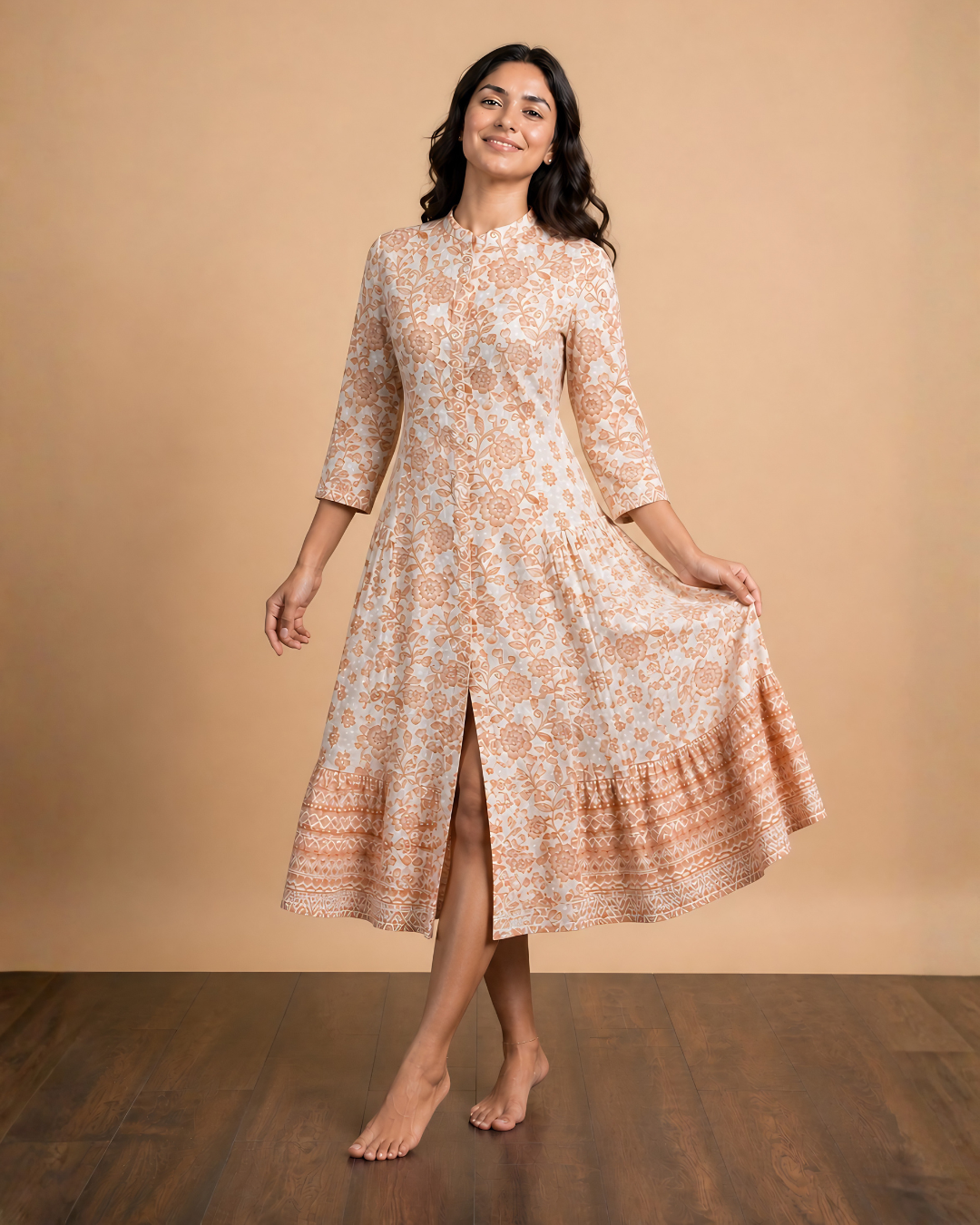 Peach Floral Cotton Midi Dress