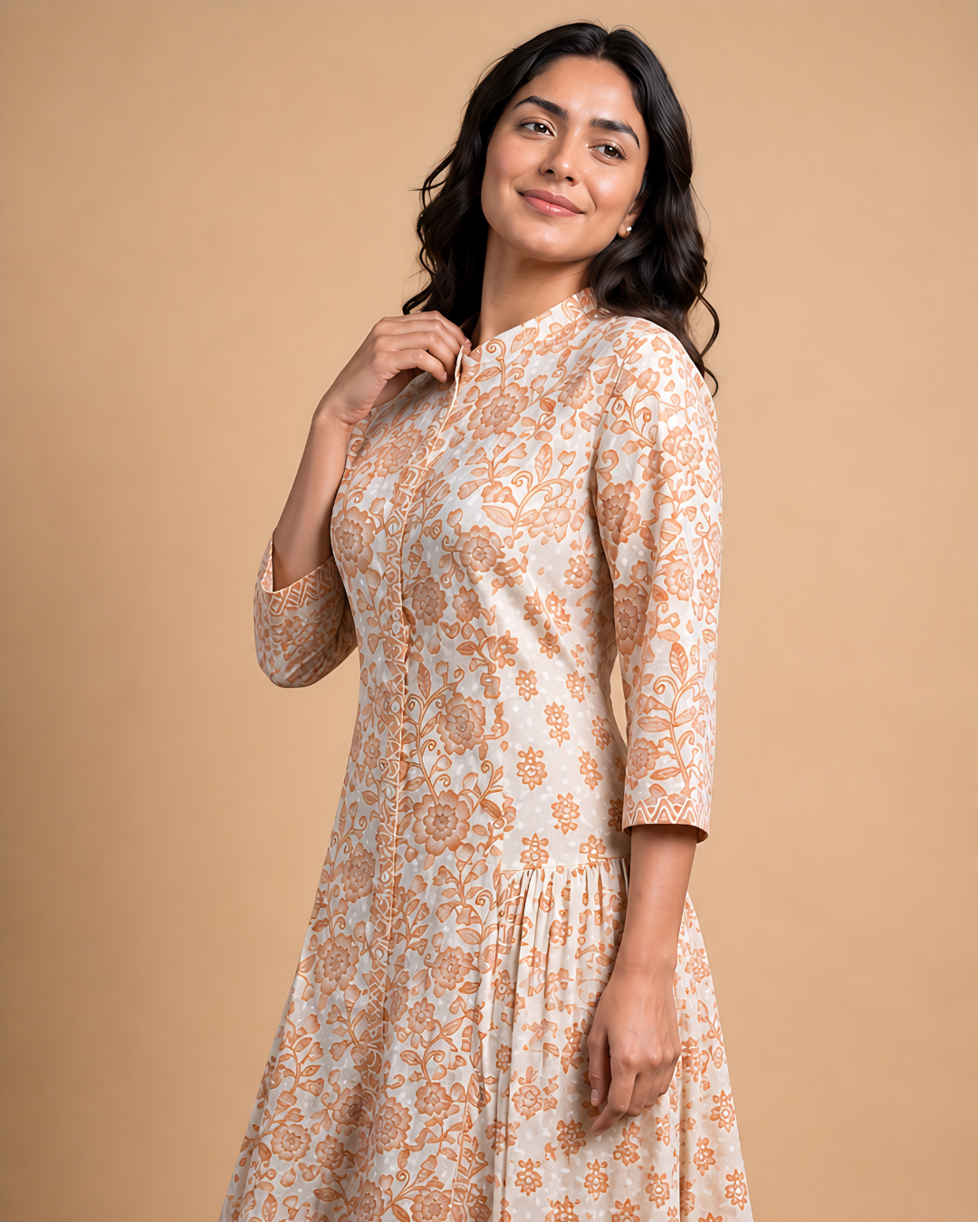 Peach Floral Cotton Midi Dress