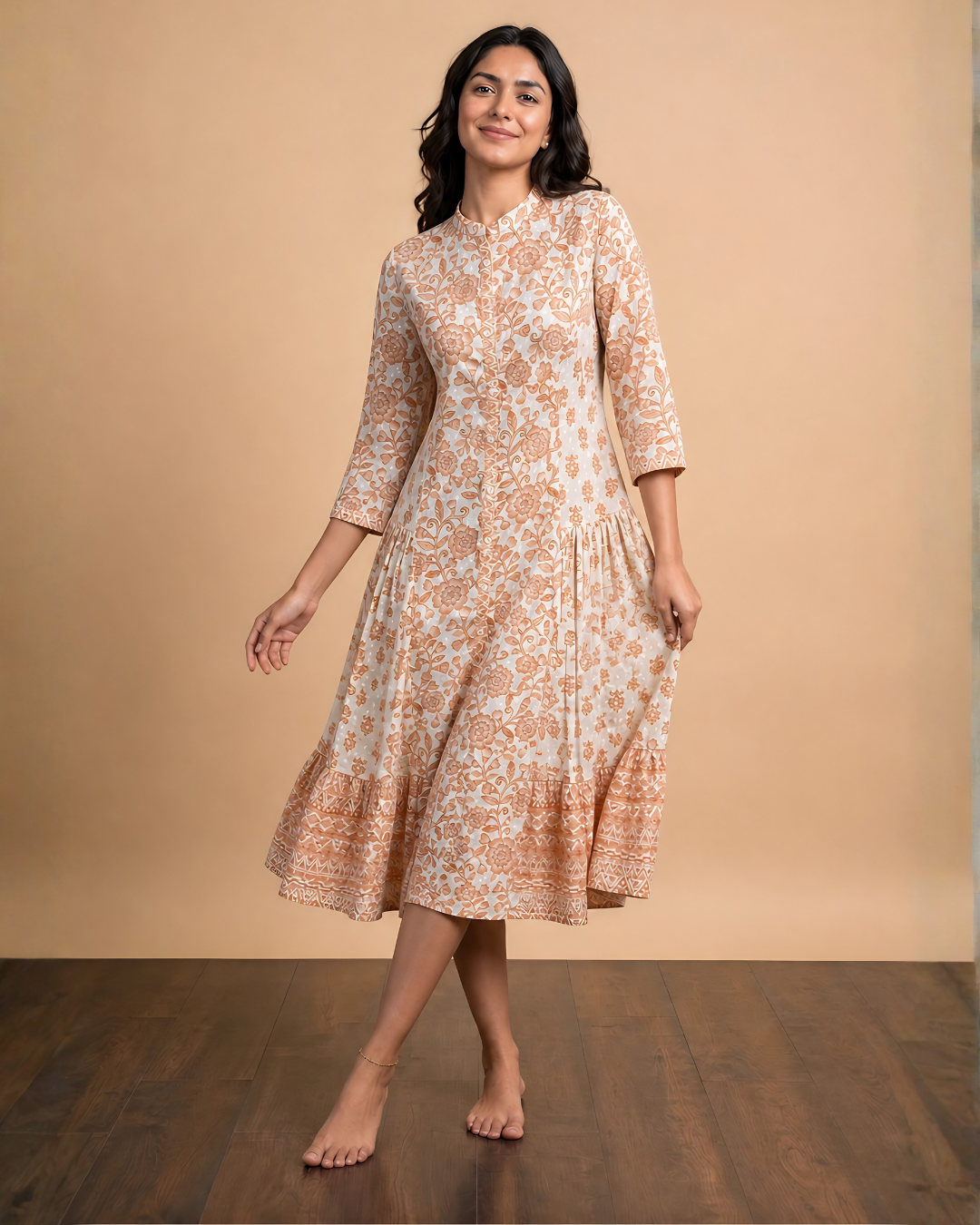 Peach Floral Cotton Midi Dress