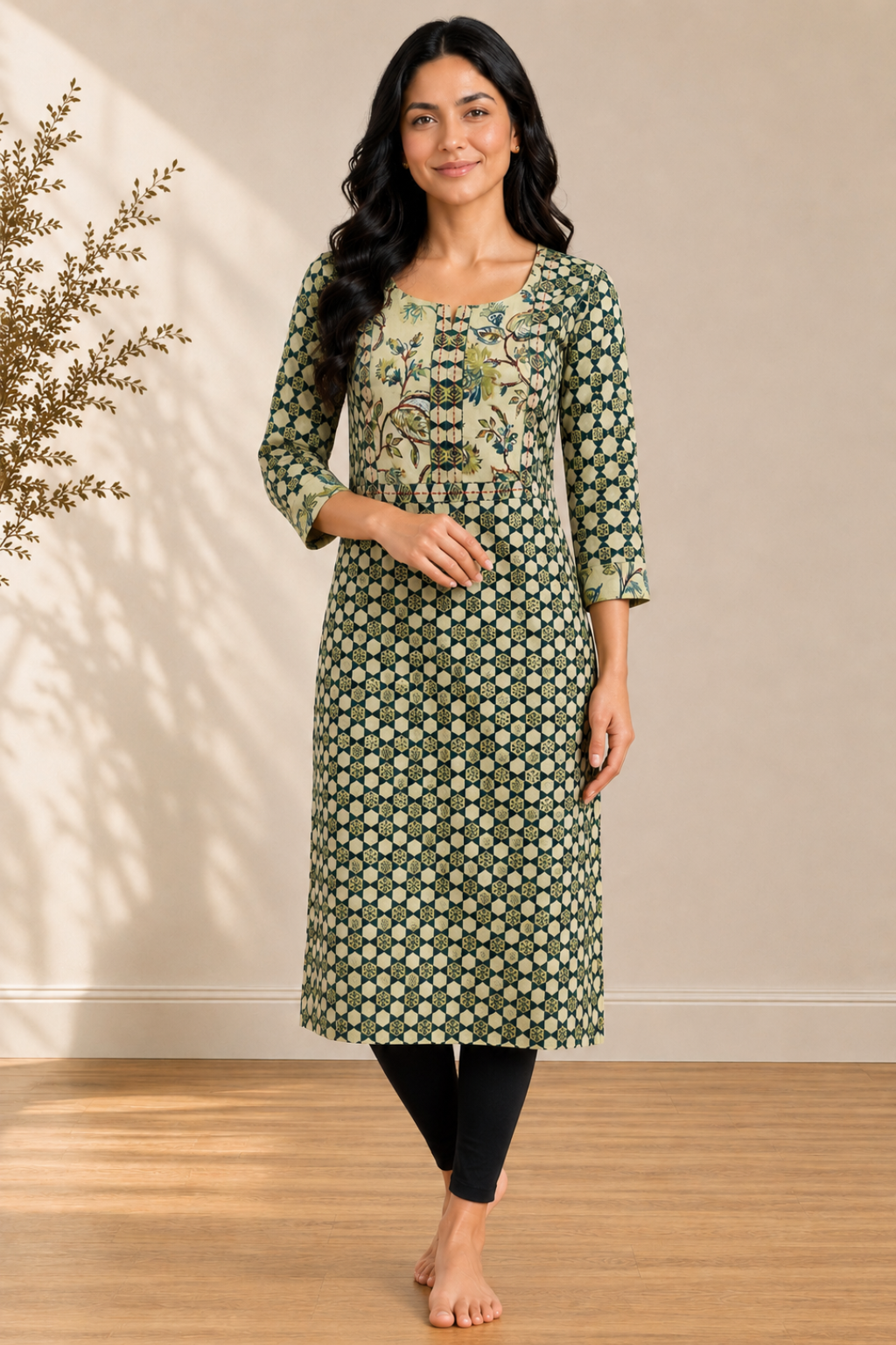 Sage Green Cambric Cotton Block Printed Kurti