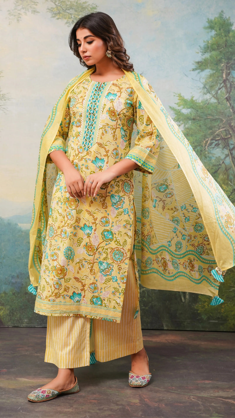Lemon Bloom Cambric Cotton Kurta Set