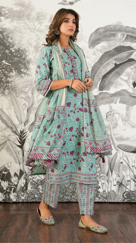 Ira Dusty Teal Floral Printed Cambric Cotton Kurta Set
