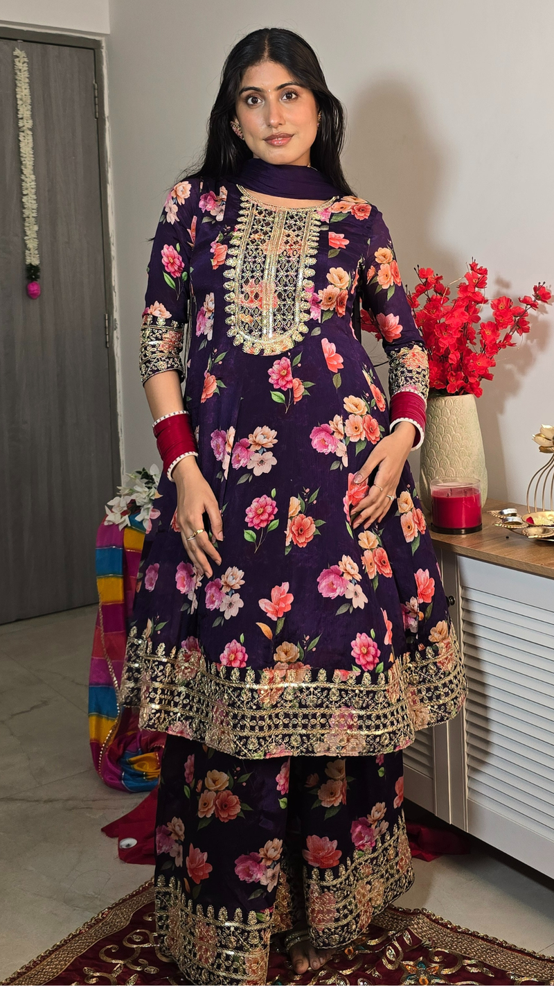 Purple Pure Chinon Floral Embroidered Anarkali Suit