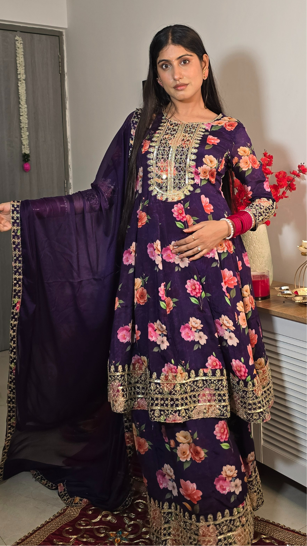 Purple Pure Chinon Floral Embroidered Anarkali Suit