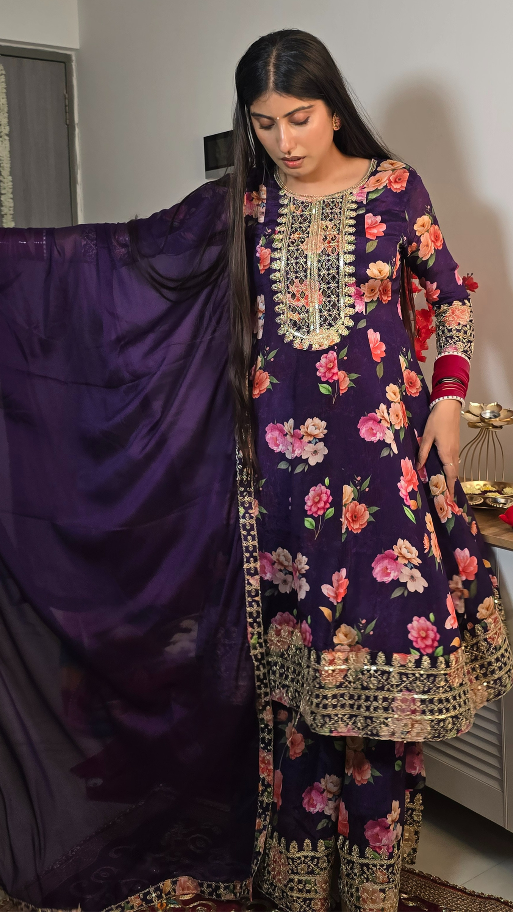 Purple Pure Chinon Floral Embroidered Anarkali Suit