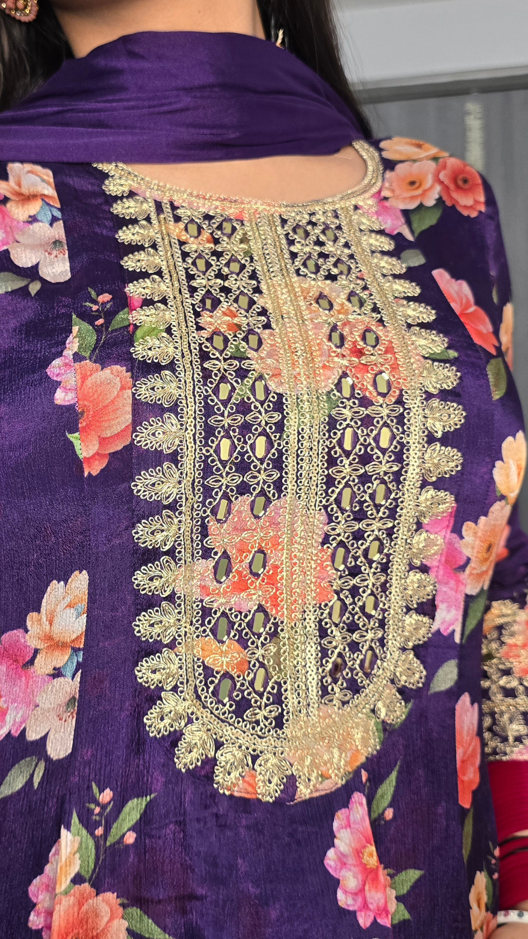 Purple Pure Chinon Floral Embroidered Anarkali Suit