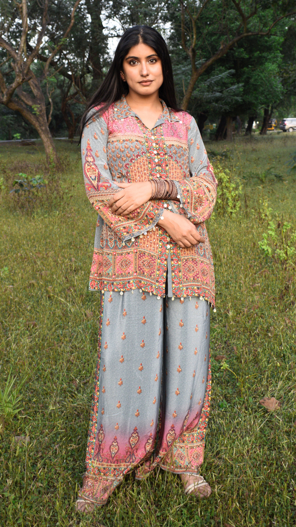 Grey Magenta Shaded Pure Crepe Co-ord Set