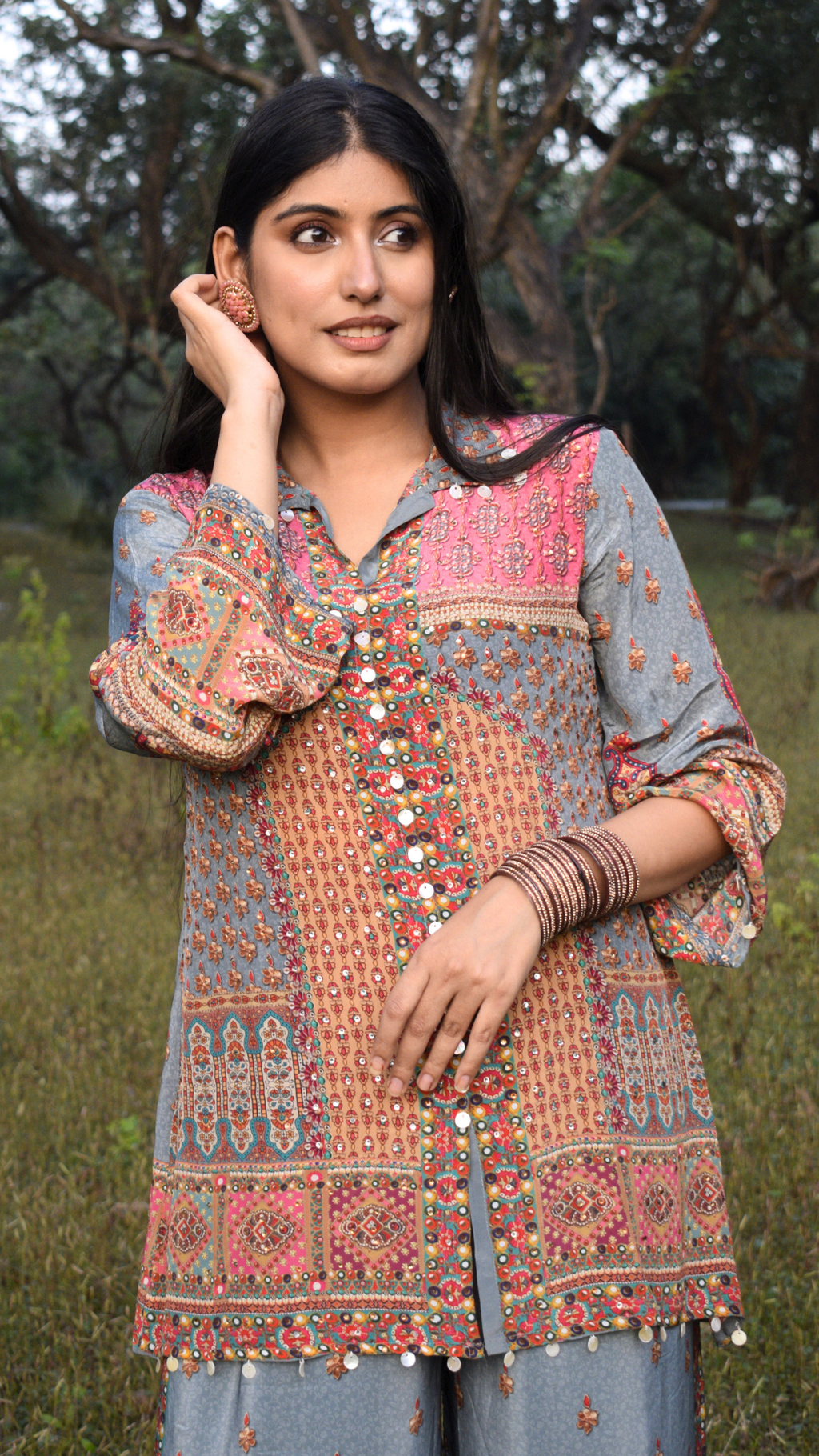 Grey Magenta Shaded Pure Crepe Co-ord Set