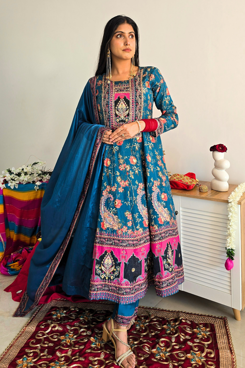 Cerulean Royal Bloom" Embroidered Anarkali Suit