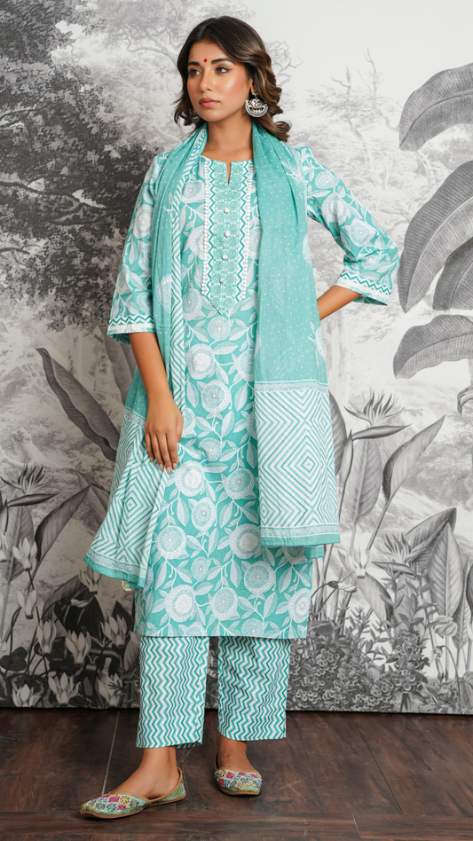 Mint Bloom Embroidered Cambric Cotton Suit-Set