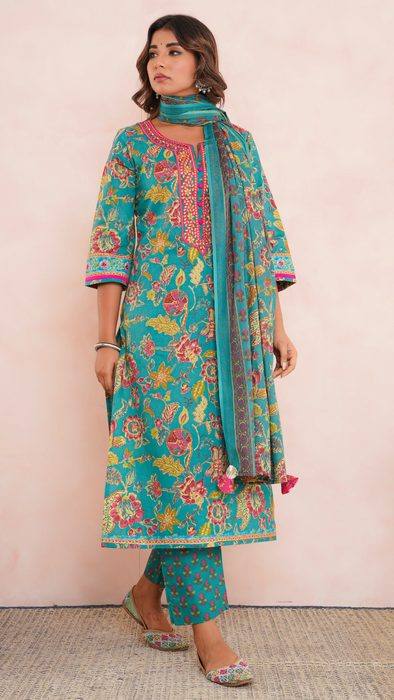 Gulbagh Teal Screen-Printed Cambric Cotton Kurta Set