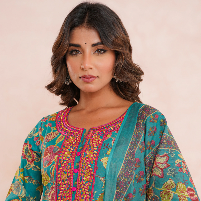 Gulbagh Teal Screen-Printed Cambric Cotton Kurta Set