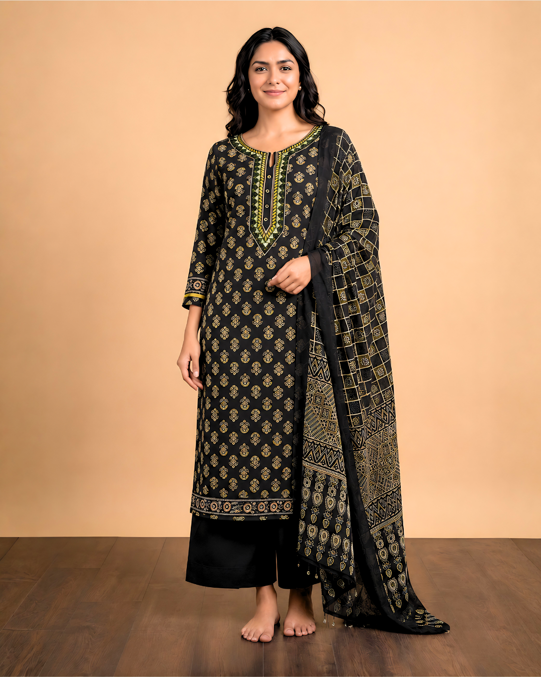 Black Printed Cambric Cotton Kurti Pant Dupatta Set