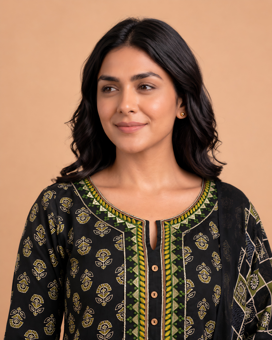 Black Printed Cambric Cotton Kurti Pant Dupatta Set