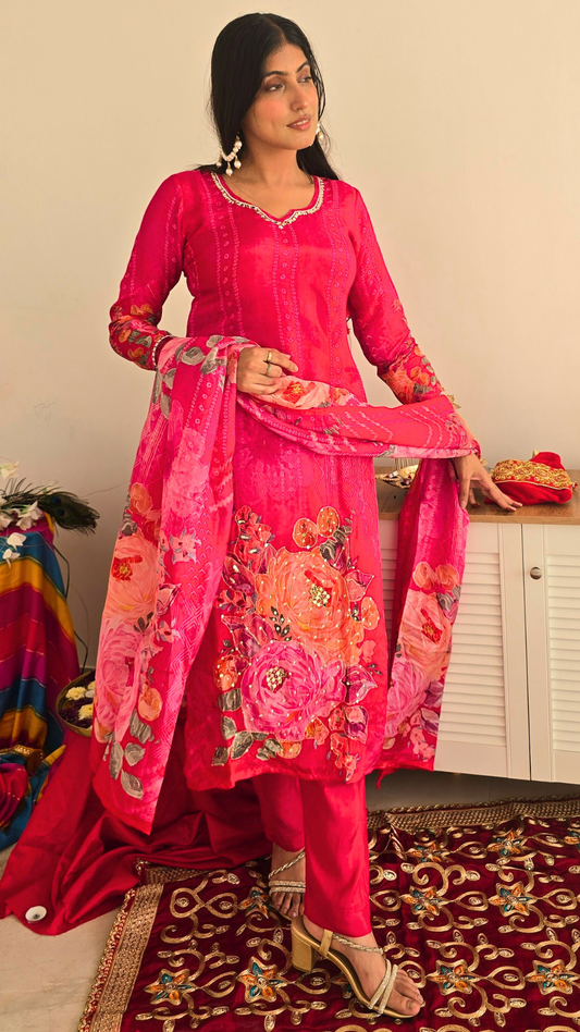 Magenta Floral Bandhani Satin Crepe Suit Set