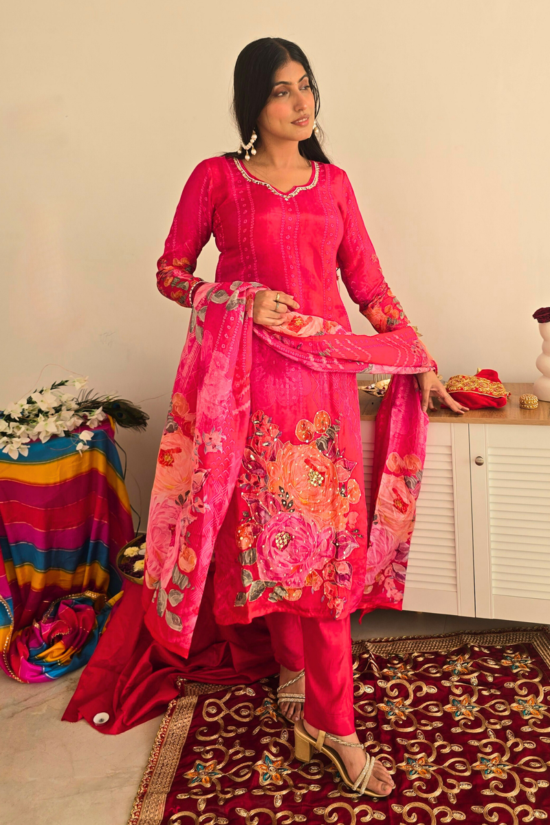 Magenta Floral Bandhani Satin Crepe Suit Set