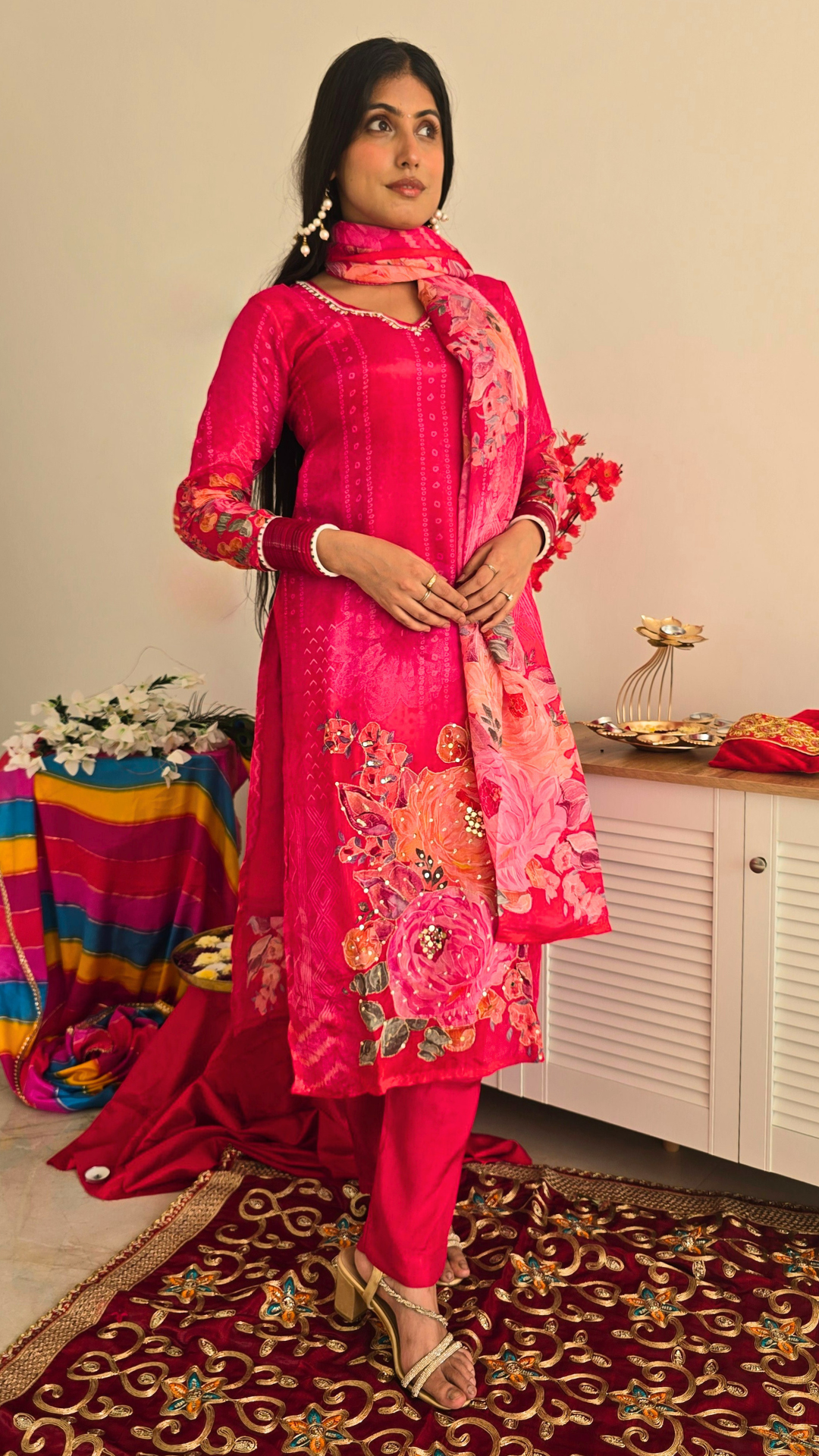 Magenta Floral Bandhani Satin Crepe Suit Set