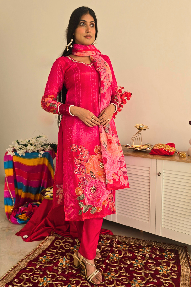 Magenta Floral Bandhani Satin Crepe Suit Set