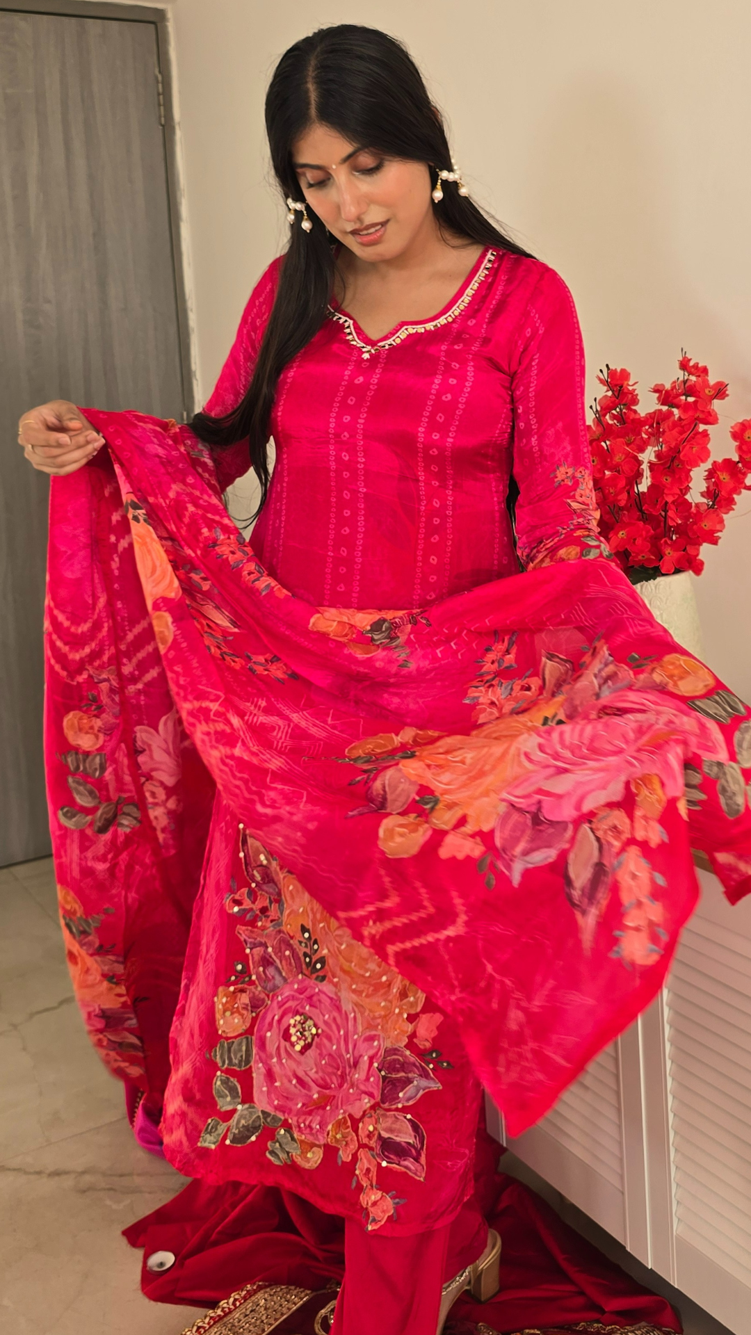 Magenta Floral Bandhani Satin Crepe Suit Set