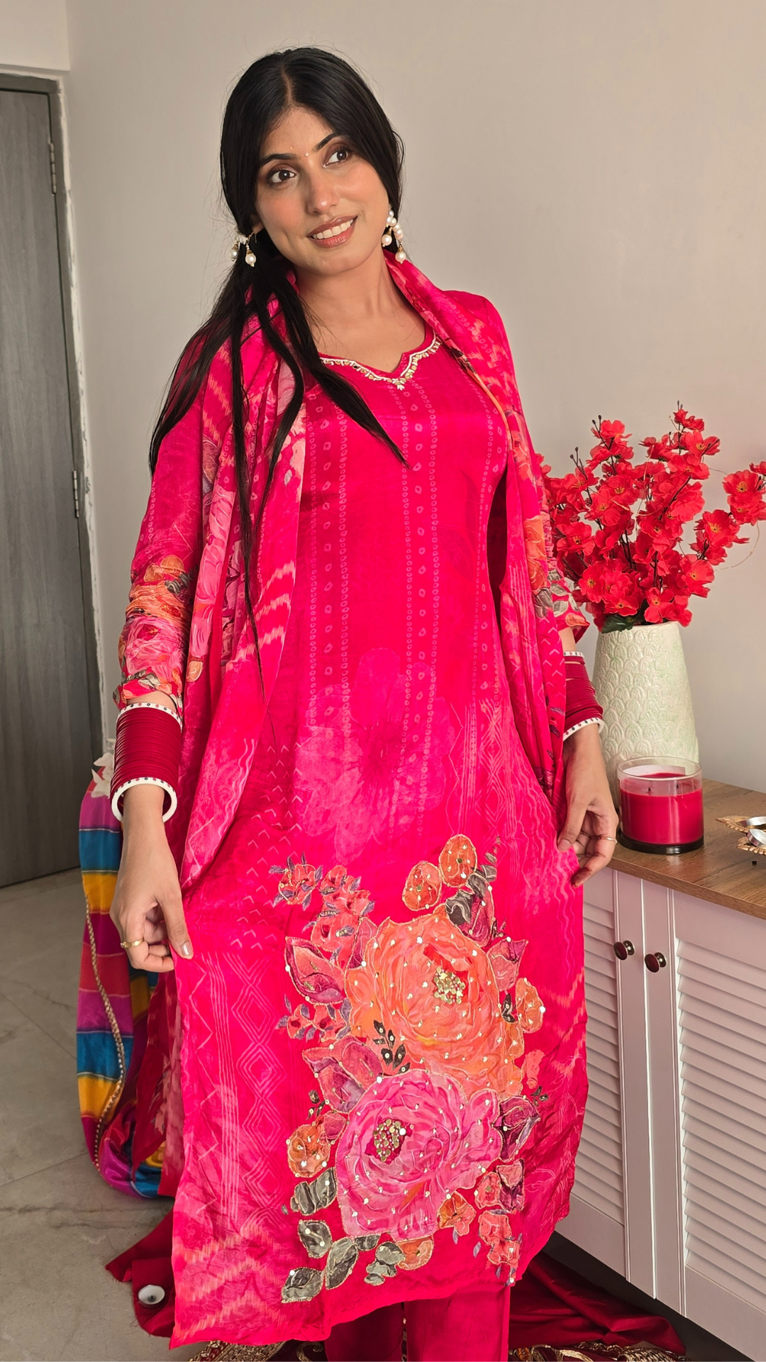 Magenta Floral Bandhani Satin Crepe Suit Set
