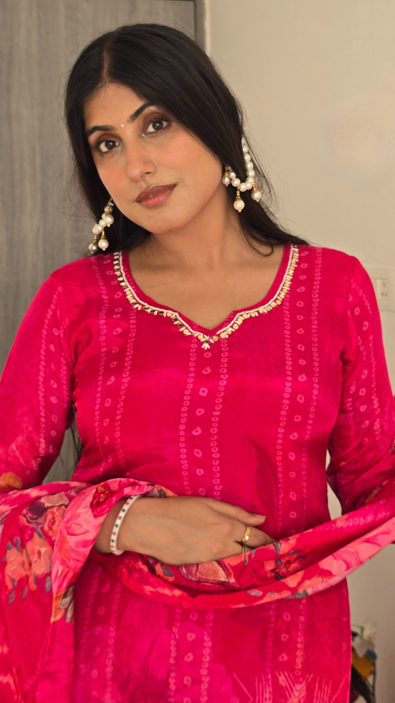 Magenta Floral Bandhani Satin Crepe Suit Set
