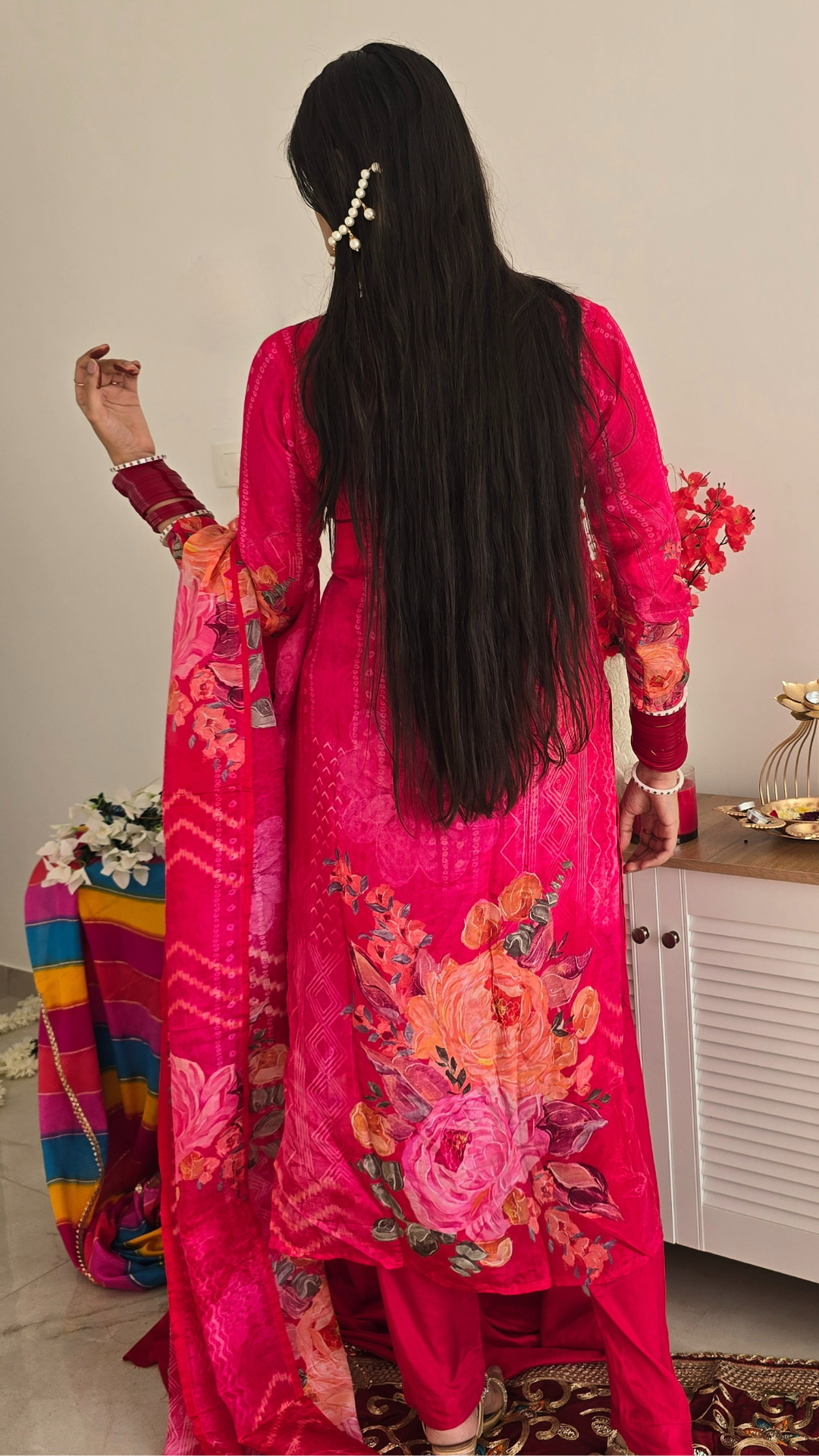 Magenta Floral Bandhani Satin Crepe Suit Set