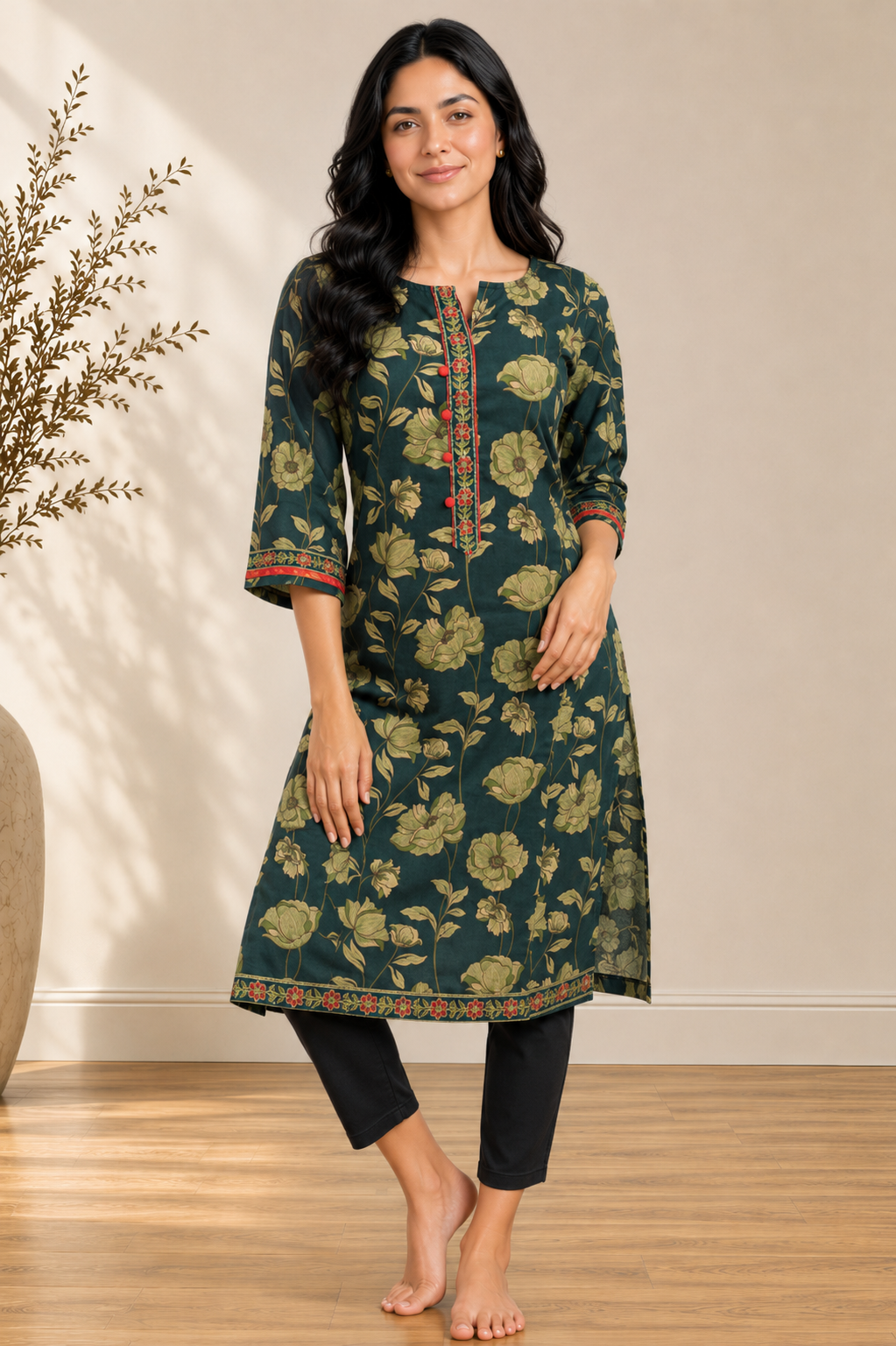 Dark Green Floral Bloom Long Kurti