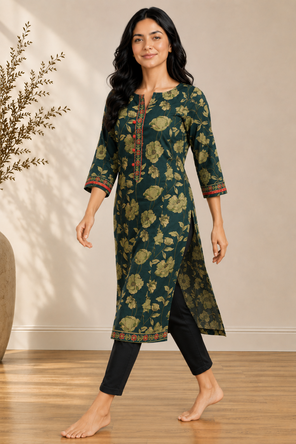 Dark Green Floral Bloom Long Kurti