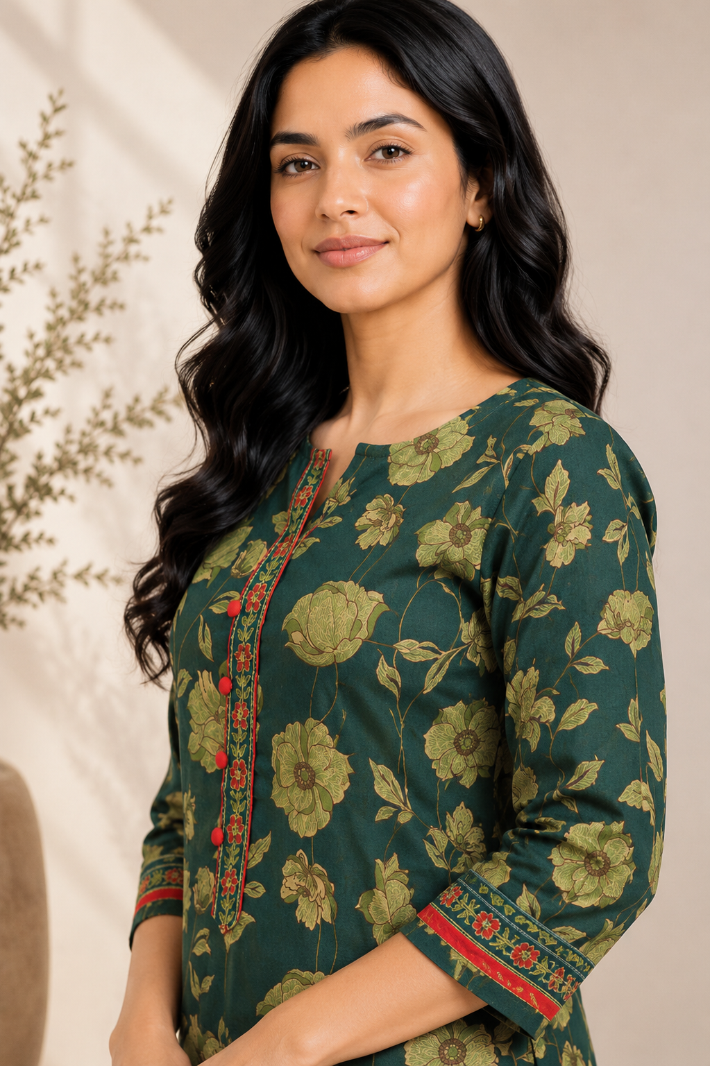 Dark Green Floral Bloom Long Kurti