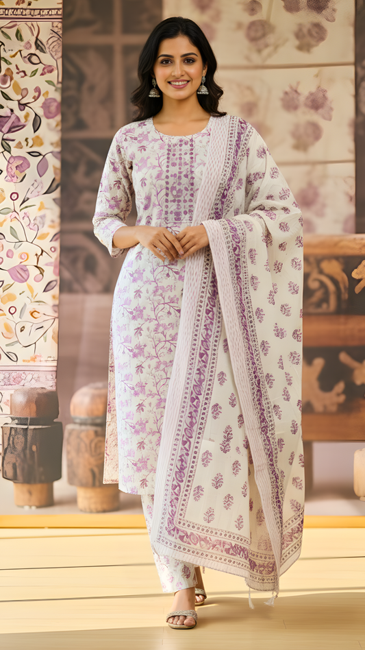 White & Mauve Pure Cotton Kurta-Pant-Dupatta Set with Mirrorwork