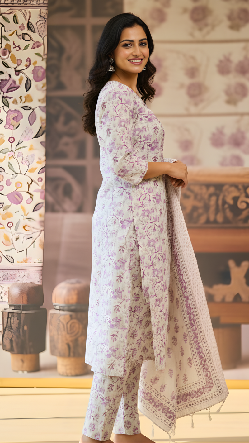 White & Mauve Pure Cotton Kurta-Pant-Dupatta Set with Mirrorwork