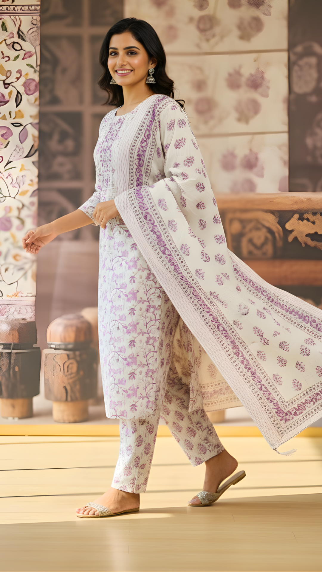White & Mauve Pure Cotton Kurta-Pant-Dupatta Set with Mirrorwork