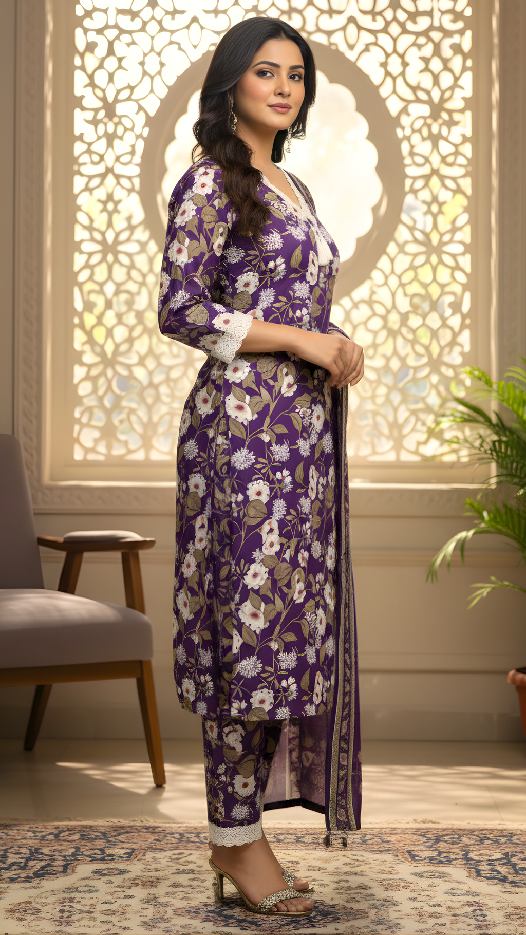 Purple Pure Cotton Floral Kurta Pant Dupatta Set with Crochet Detailing