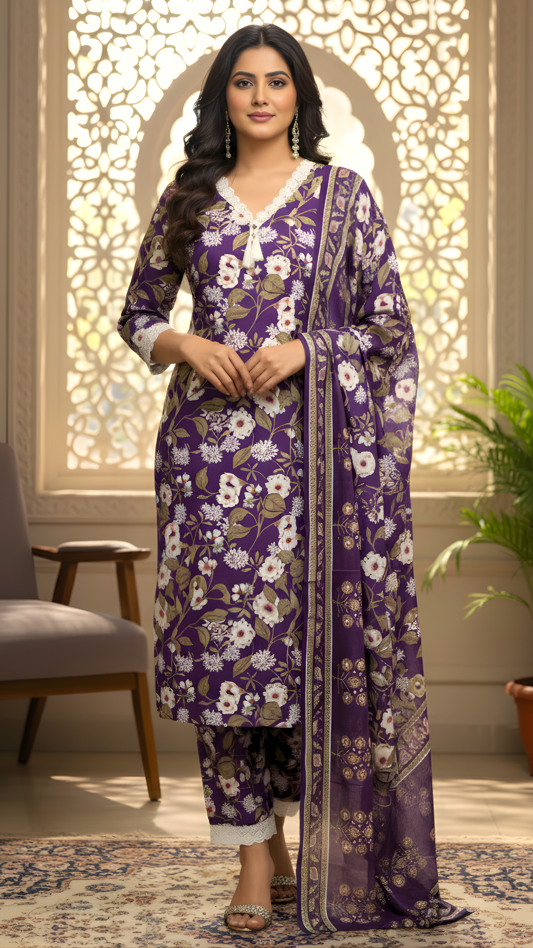 Purple Pure Cotton Floral Kurta Pant Dupatta Set with Crochet Detailing