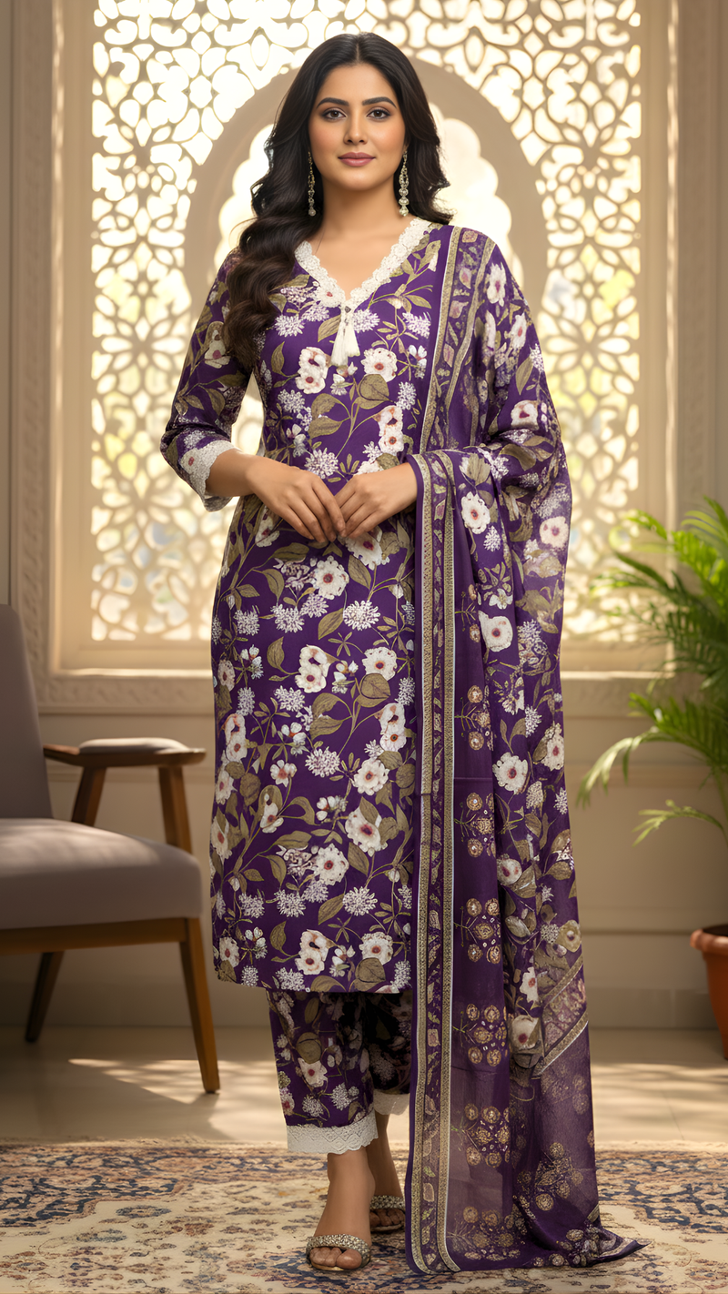 Purple Pure Cotton Floral Kurta Pant Dupatta Set with Crochet Detailing