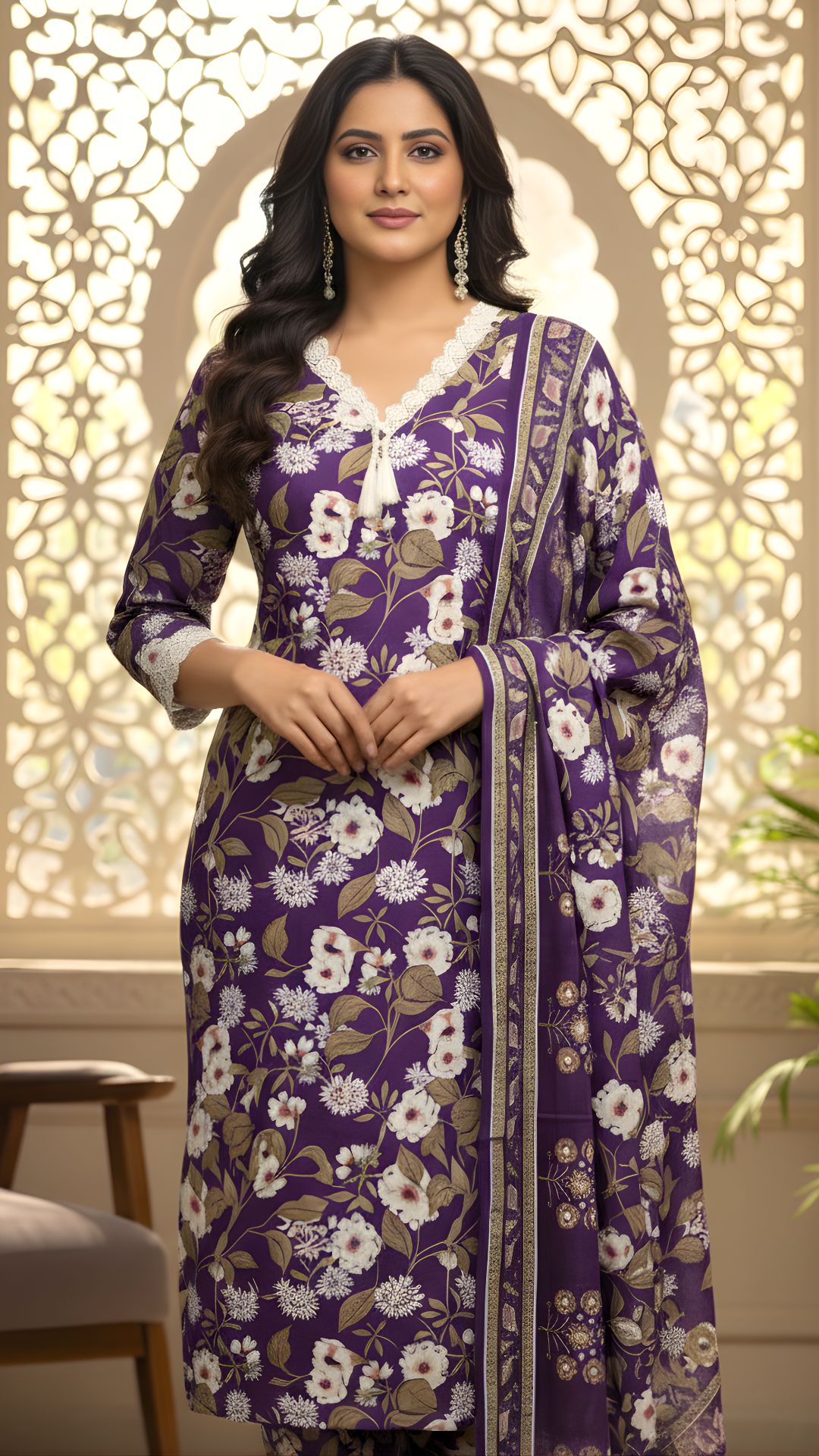 Purple Pure Cotton Floral Kurta Pant Dupatta Set with Crochet Detailing