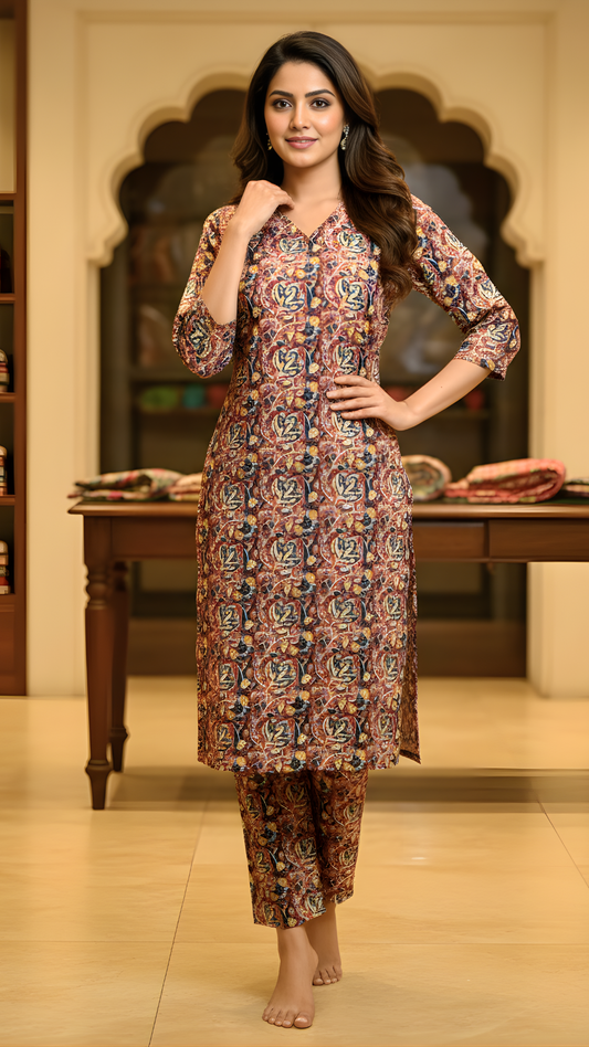 Maroon Pure Cotton Katha Work Kurti–Pant Set