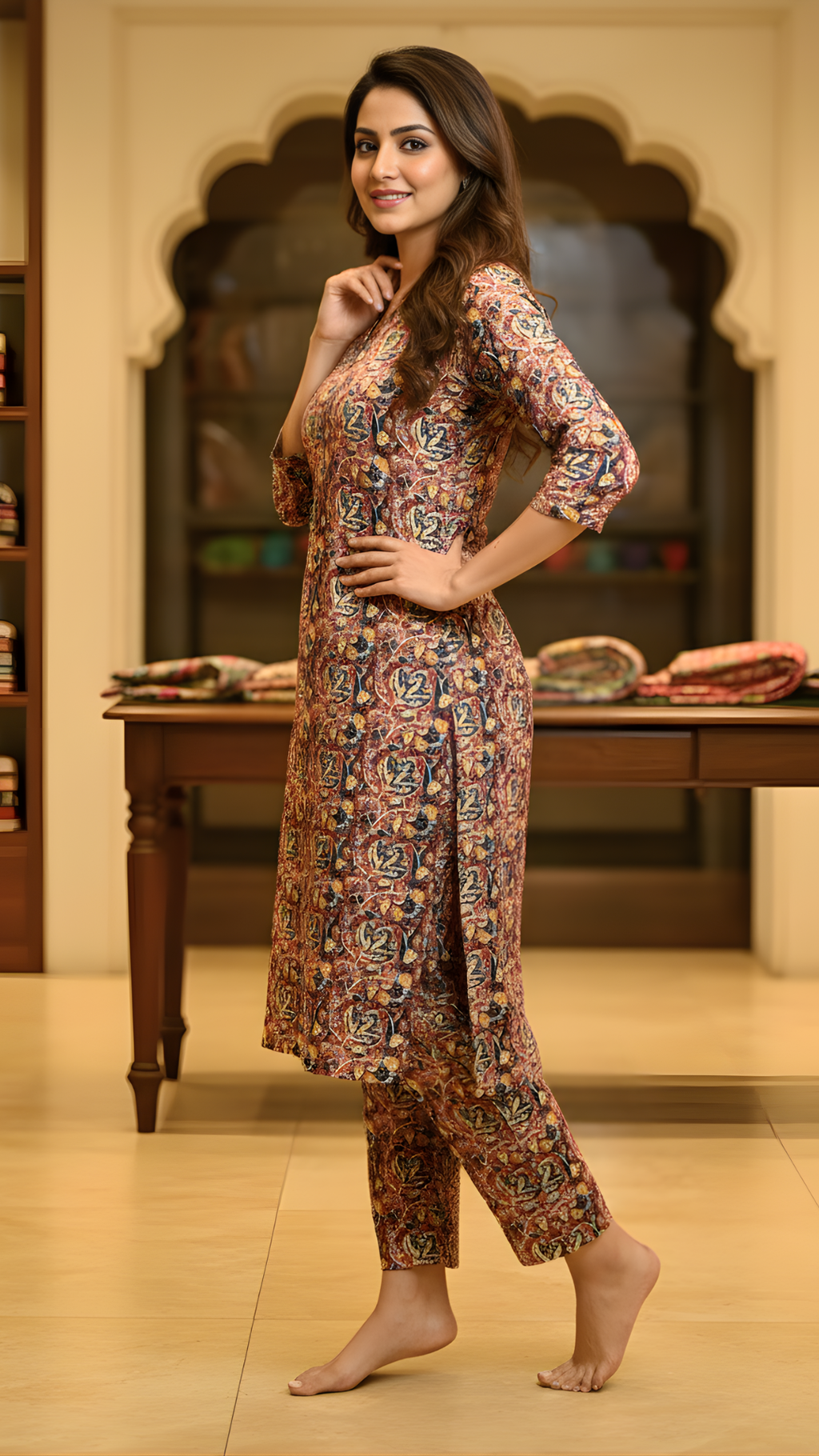 Maroon Pure Cotton Katha Work Kurti–Pant Set