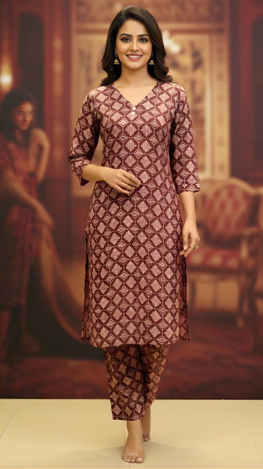 Brown Pure Cotton Katha Printed Kurti-Pant Set